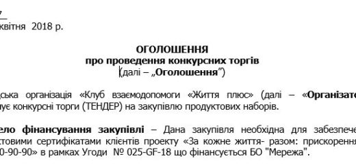 тендер на закупівлю продуктових наборів
